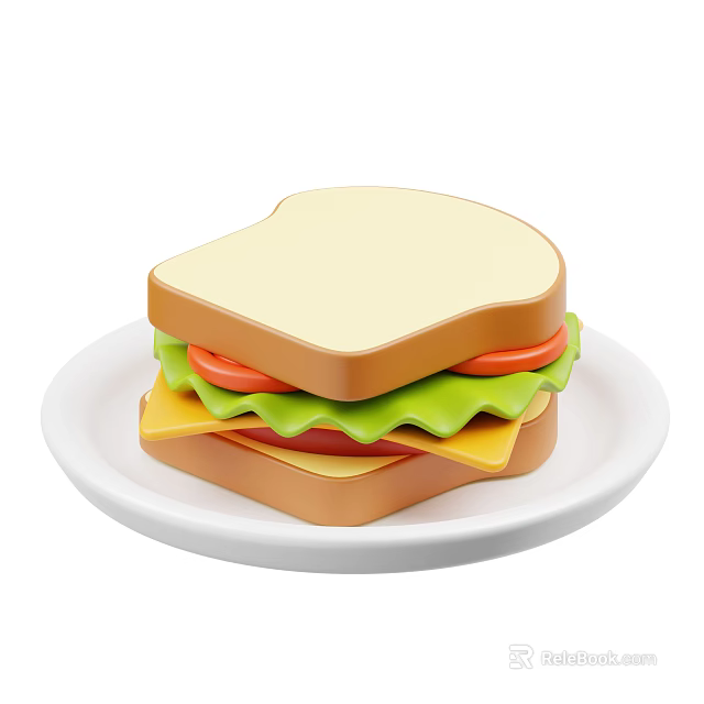 Appetizing Fresh Sandwich with Layers of Cheese Lettuce Tomato on White Plate 3d model 