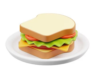 Appetizing Fresh Sandwich with Layers of Cheese Lettuce Tomato on White Plate 3d model