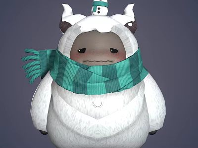 Cute Game Movie Character With White Furry Body Horned Hat Snowman Decoration Green Striped Scarf 3d model