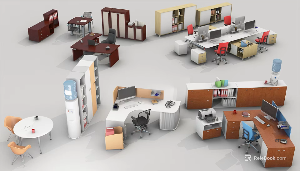 Various Modern Office Desks With Ergonomic Chairs Bookshelves And Filing Cabinets 3d model 
