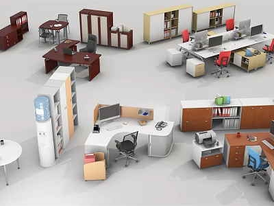 Various Modern Office Desks With Ergonomic Chairs Bookshelves And Filing Cabinets 3d model