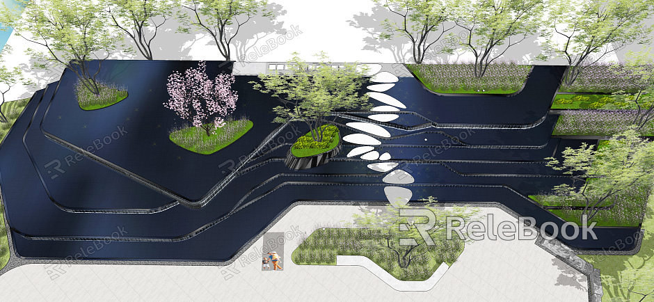 Modern landscape sketch residential atrium landscape folding line water landscape model