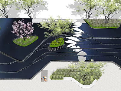 Residential Landscape With Winding Water Channels Green Islands Cherry Trees And White Stone Pathways 3d model