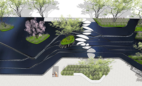 Modern landscape sketch residential atrium landscape folding line water landscape 3d model