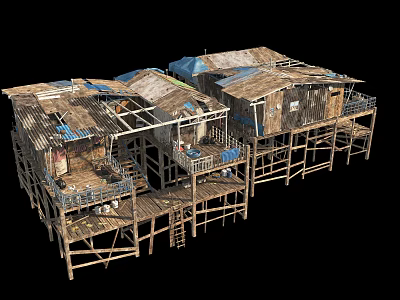 Old Connected Wooden Stilt Houses with Weathered Roofs Balconies Staircases and Wooden Pillars 3d model