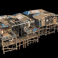 Old Connected Wooden Stilt Houses with Weathered Roofs Balconies Staircases and Wooden Pillars