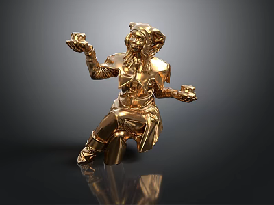 Golden Game Movie Character Statue in Sitting Pose Holding Objects with Hands 3d model