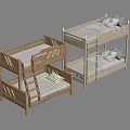 Wooden Bunk Bed Design With Ladder Checkered And Gray Mattresses And Pillows