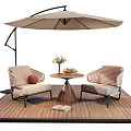 Stylish Outdoor Chairs On Wooden Deck With Shade Umbrella Table And Fresh Flowers