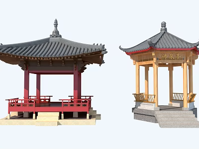 Traditional Chinese Pavilions With Red Yellow Columns Wooden Railings And Black Tiled Roofs 3d model