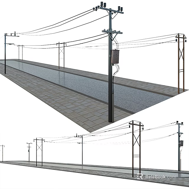 Municipal Road With Electric Poles Power Lines And Paved Brick Surface 3d model 