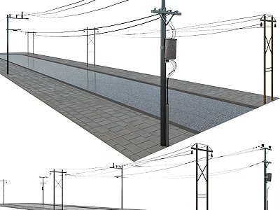 Municipal Road With Electric Poles Power Lines And Paved Brick Surface 3d model