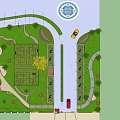Residential Landscape Entrance With Gate Guard House Green Trees Red Vehicle And Blue Sky