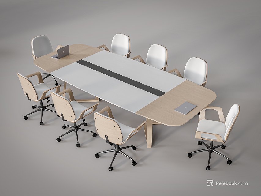 Oval Light Wood Conference Table With Center Strip And Eight Wheeled Office Chairs 3d model 