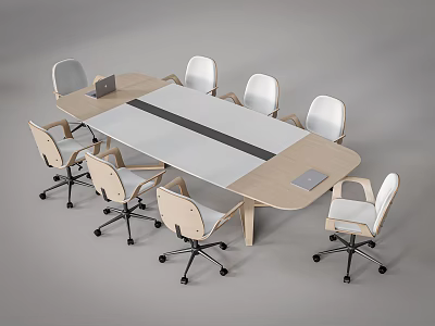Oval Light Wood Conference Table With Center Strip And Eight Wheeled Office Chairs 3d model