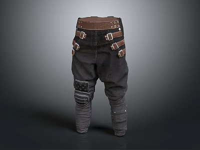 Dark Gray Pants With Brown Belt Buckle Straps Knee Patches And Leg Straps 3d model