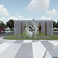 Modern Metal Sculpture In Outdoor Plaza With Green Grass And Trees