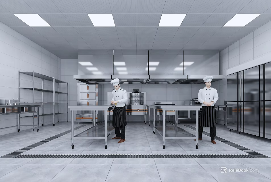 Commercial Restaurant Kitchen With Two Chefs Working At Stainless Steel Worktables Shelves And Cooking Equipment 3d model 