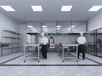 Commercial Restaurant Kitchen With Two Chefs Working At Stainless Steel Worktables Shelves And Cooking Equipment 3d model
