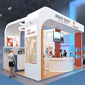 Modern Exhibition Booth With White Orange Structure World Map Display Reception Counter And Screen 3d model