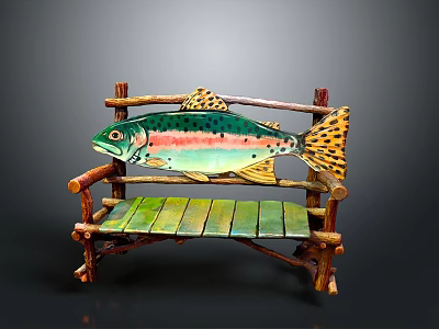Handcrafted Wooden Bench Featuring Colorful Trout Decoration Green Planks And Twig Armrests 3d model