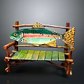 Handcrafted Wooden Bench Featuring Colorful Trout Decoration Green Planks And Twig Armrests