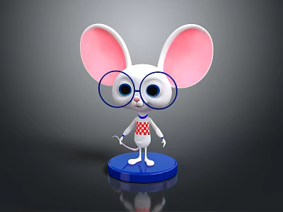 Cute Cartoon White Mouse Character With Large Pink Ears And Blue Glasses On Blue Base 3d model