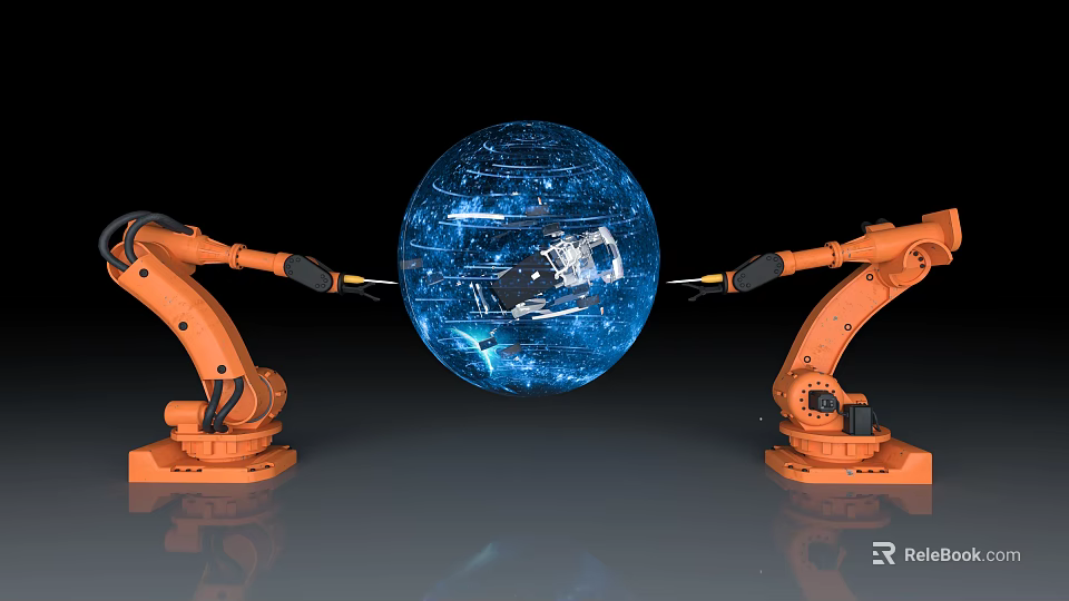 Intelligent Robotic Arms Manipulating Blue Globe With Digital Tech Elements 3d model 