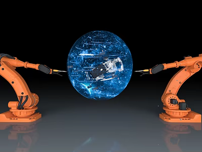 Intelligent Robotic Arms Manipulating Blue Globe With Digital Tech Elements 3d model