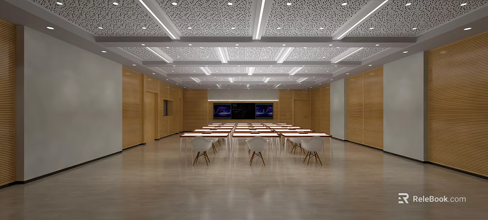 Modern Conference Room With Wooden Walls Long Tables Chairs And Ceiling Design 3d model 
