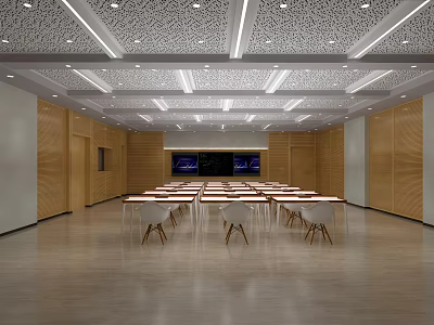 Modern Conference Room With Wooden Walls Long Tables Chairs And Ceiling Design 3d model