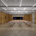 Modern Conference Room With Wooden Walls Long Tables Chairs And Ceiling Design