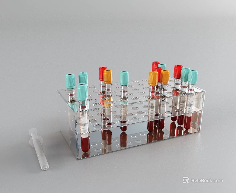 Laboratory Industrial Equipment Transparent Test Tube Rack With Colored Caps And Red Liquid 3d model 