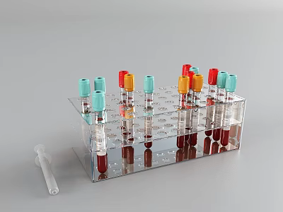 Laboratory Industrial Equipment Transparent Test Tube Rack With Colored Caps And Red Liquid 3d model