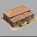 Vintage Red Tiled Roof Brick Building With Green Plants At Entrance