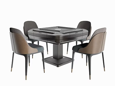 Modern Entertainment Table with Sturdy Base and Brown Gray Upholstered Chairs 3d model