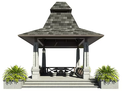 Outdoor Garden Pavilion With Tiled Roof Stone Pillars Steps Table Chairs And Green Plants 3d model