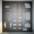 Modern Organized Wardrobe Interior with Hanging Shirts Shelves Storage Baskets and Towels