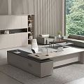 Modern Minimalist Office Desk with Gray Black Surface White Chair Desk Lamp and Laptop