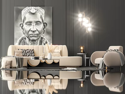 Modern Luxury Sofa And Coffee Table Set With Beige Upholstery Decorative Cushions And Artwork 3d model
