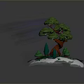Modern 3D Island Scene With Large Tree Green Leaves Red Trunk Small Plants White Base