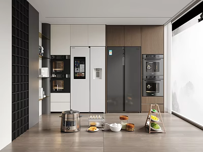 Modern Open Kitchen Interior With Functional Storage Cabinet Rack And Wooden Design 3d model