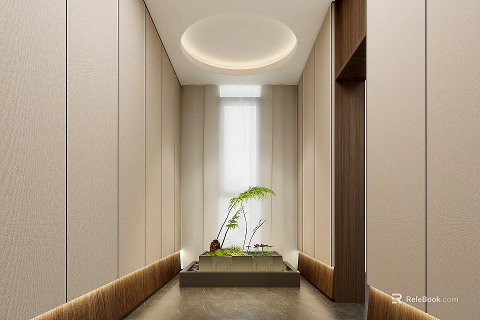 Modern Elevator Hallway Interior Design With Beige Walls Gray Floor Circular Light And Green Plant 3d model 