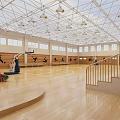 Spacious Basketball Gymnasium Featuring Wooden Floor Basketball Hoop Ceiling Lights And Sports Silhouettes