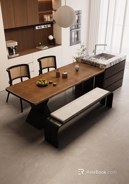 Wooden Dining Table With Black Frame Wicker Chairs Bench White Cushion Fruit Bowl And Vases 3d model 