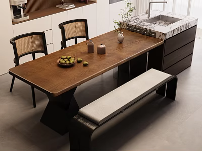 Wooden Dining Table With Black Frame Wicker Chairs Bench White Cushion Fruit Bowl And Vases 3d model