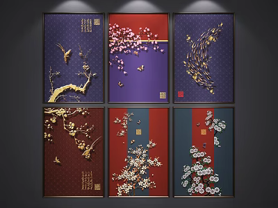Chinese Style Botanical Paintings With Plum Blossoms Butterflies And Golden Branches 3d model