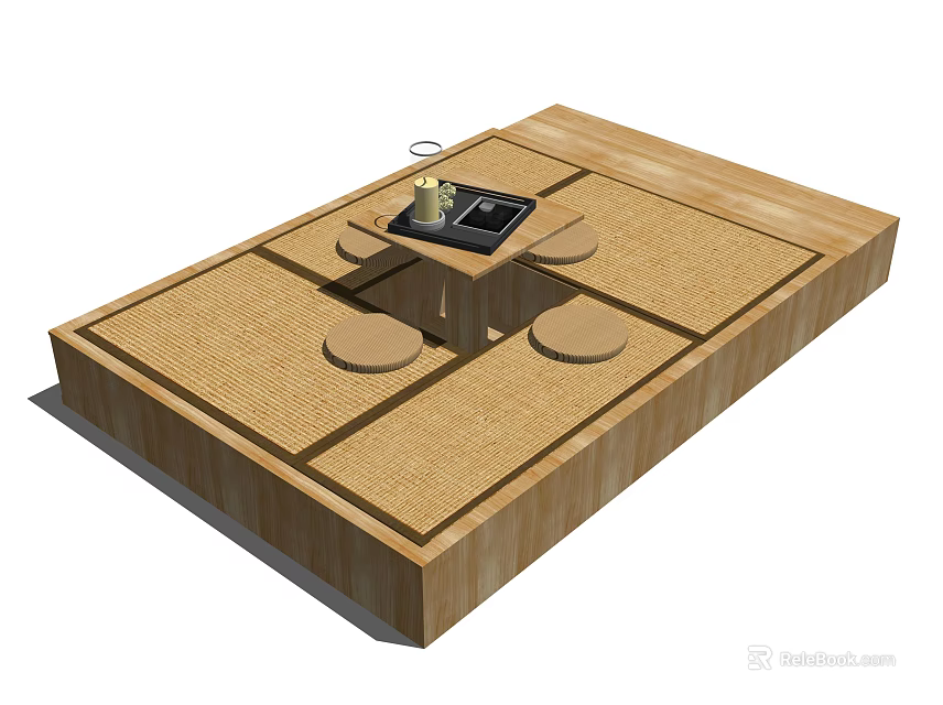 Traditional Japanese Tatami Area With Wooden Frame Low Table And Round Cushions 3d model 
