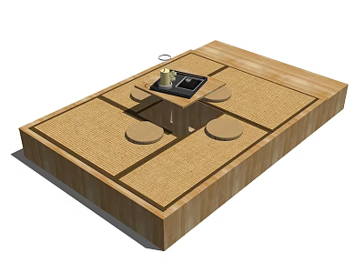 Traditional Japanese Tatami Area With Wooden Frame Low Table And Round Cushions 3d model