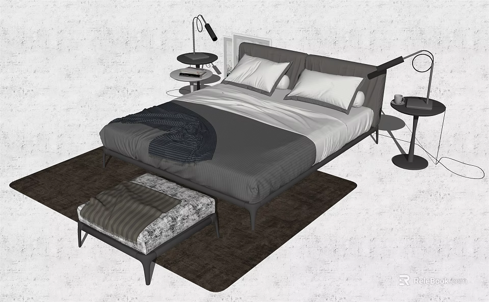 Modern Double Bed with Gray White Bedding Side Tables Lamps Rug and Stool 3d model 